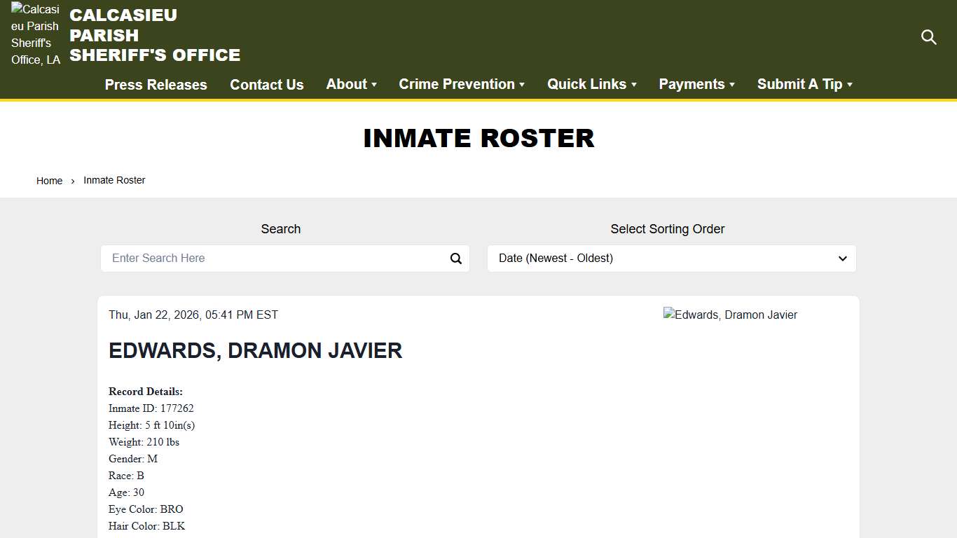 Inmate Roster Calcasieu Parish Sheriff's Office, LA